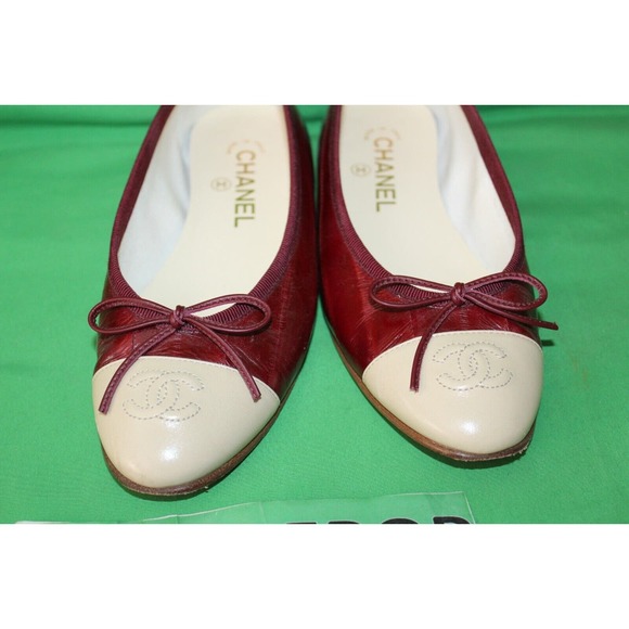Chanel Designer Ballet Flats Burgundy Beige Logo Shoes Italy Size Women's 36.5 - Picture 8 of 14